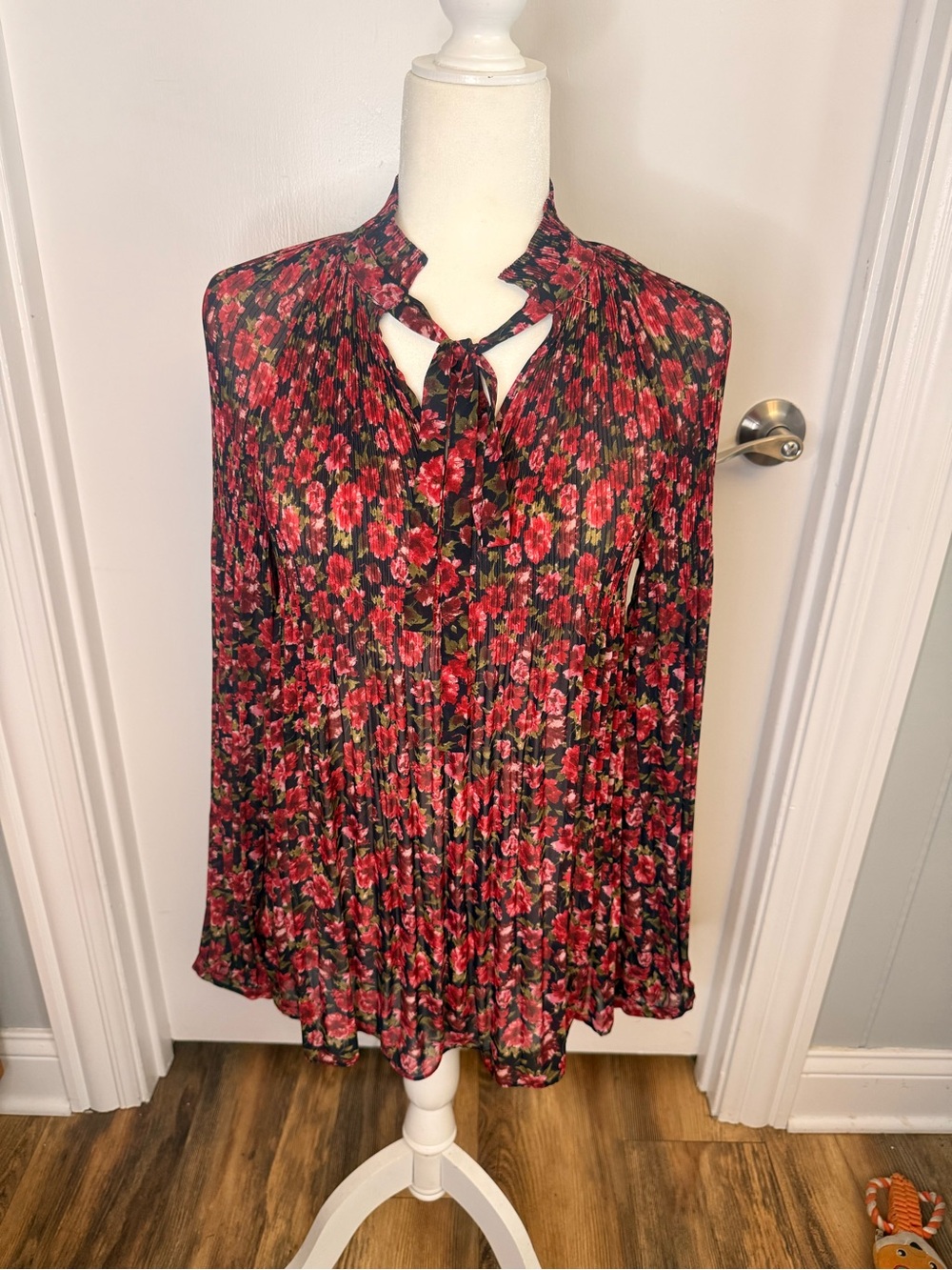Ralph Lauren Red Floral Pleated Tie-Neck Tunic